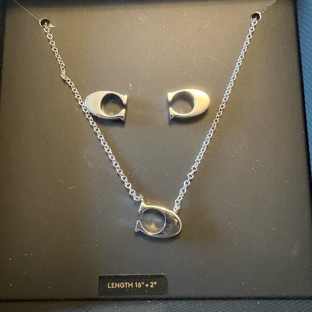 Coach Silver Pendant Necklace and Earring Set